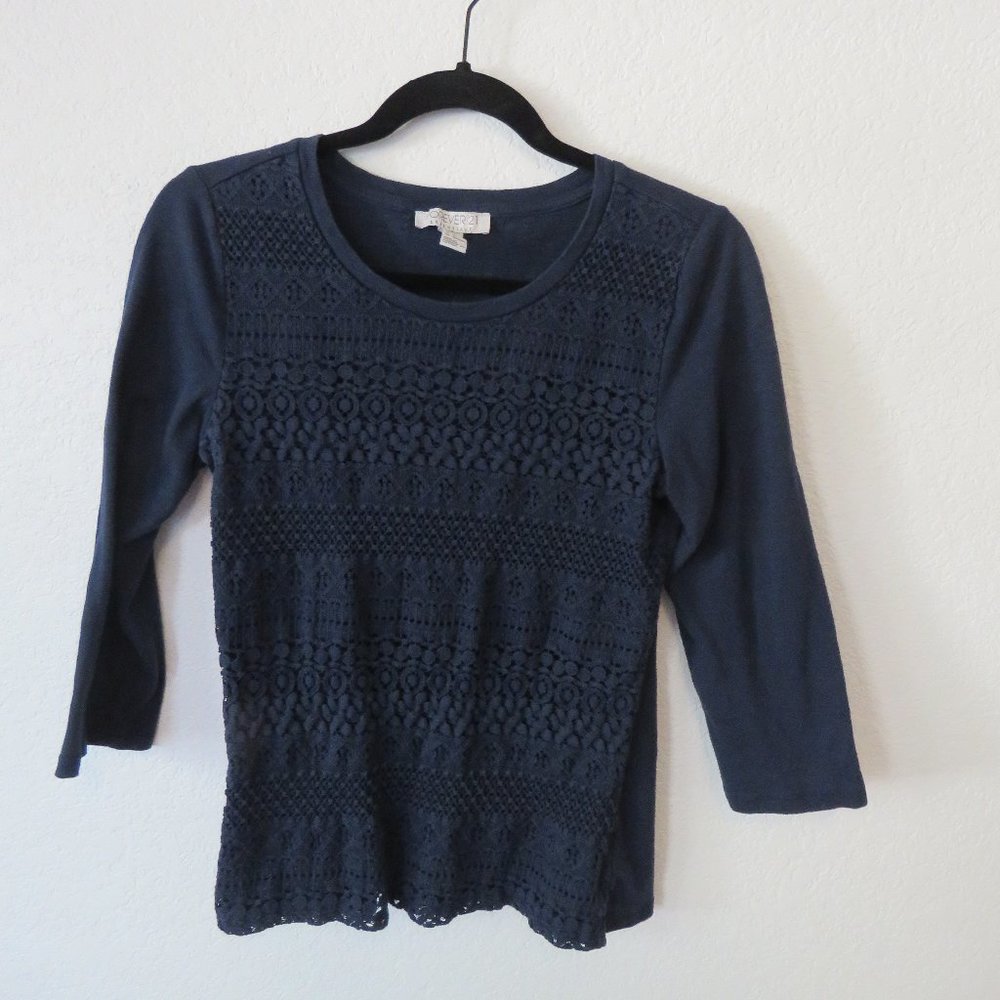 3/4 Sleeve Navy Blouse with Floral cutout overlay